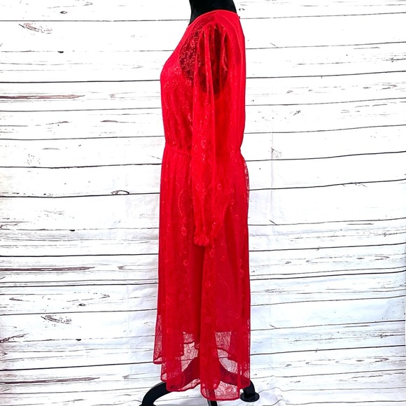 Banana Republic Women's Lace Dress Long Sleeve Midi Semi Sheer Red Size M - Picture 4 of 10